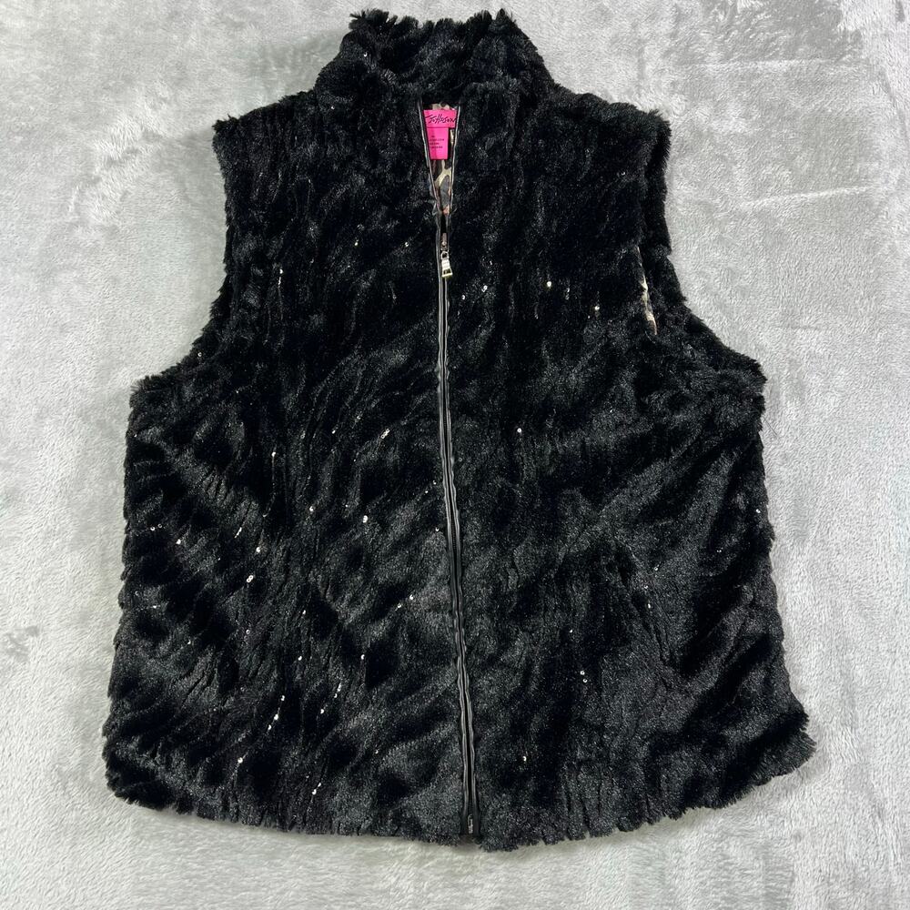 Betsey Johnson M Black Faux Fur Metalic Sequin Vest Full Zip Leopard Lined